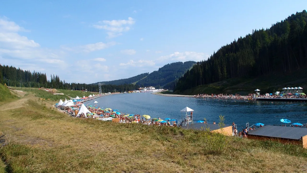 On the shore of a mountain lake