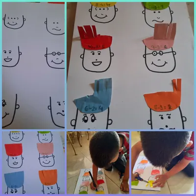 Con la ayuda de caritas divertidas, le creamos cabello e invitamos al niño a realizar la resta, depende del resultado debemos cortar hasta dejar la cantidad del resultado, resulta divertido ademas de reforzar su motricidad fina./With the help of funny faces, we create hair and invite the child to perform the subtraction, depending on the result we must cut until we leave the amount of the result, it is fun in addition to strengthening fine motor skills.