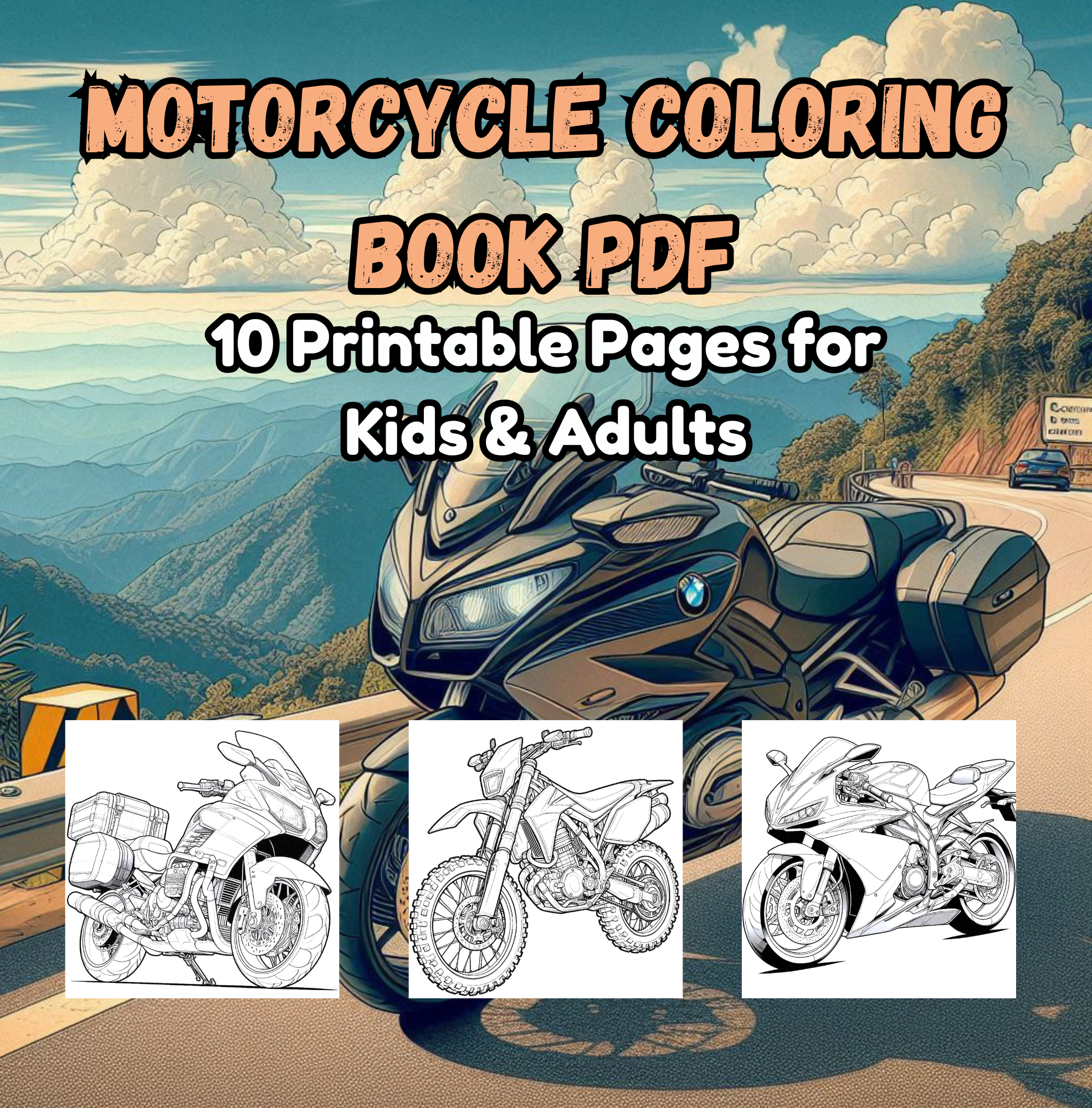 Motorcycle Coloring Book PDF – 10 Printable Pages for Kids & Adults