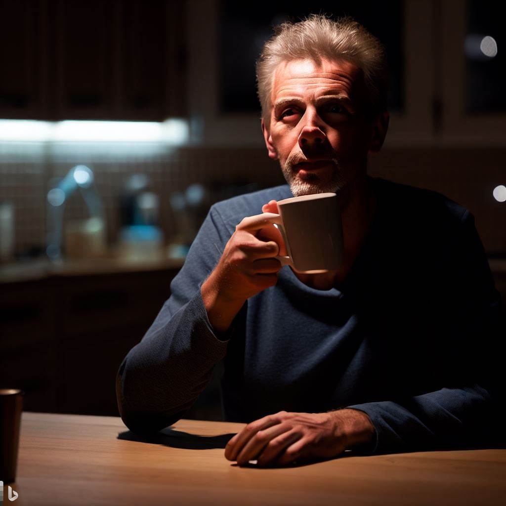 man drinking coffee at night