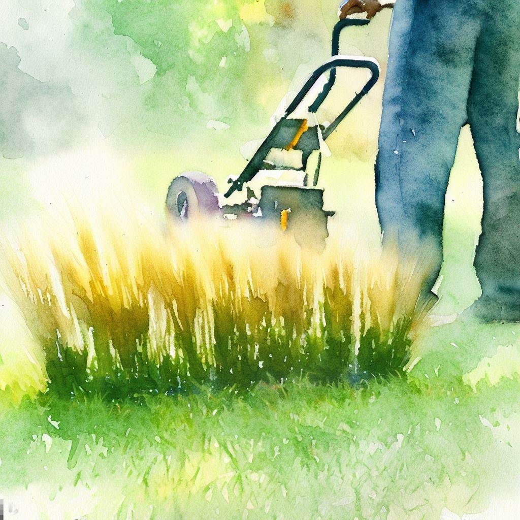 Bing Image Creator mowing lawn watercolor