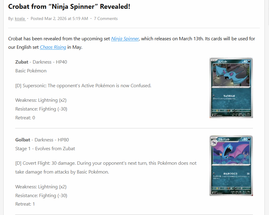 Crobat Cards From Pokemon Japan's Ninja Spinner Set
