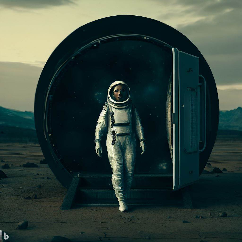 woman in a spacesuit walking out of an airlock into desolate land
 made with Bing Image Creator
