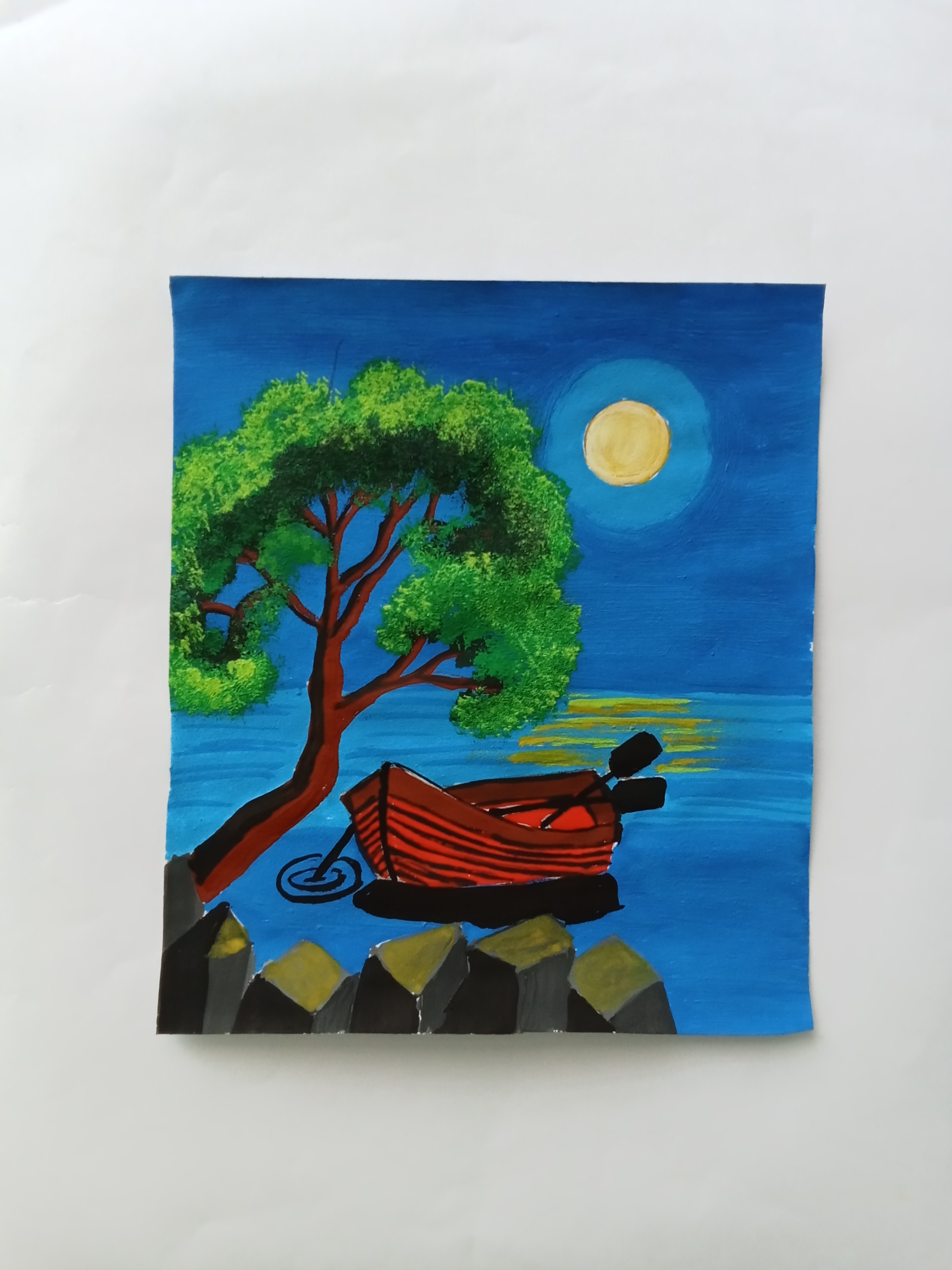 Painting Night Scenery with Boat