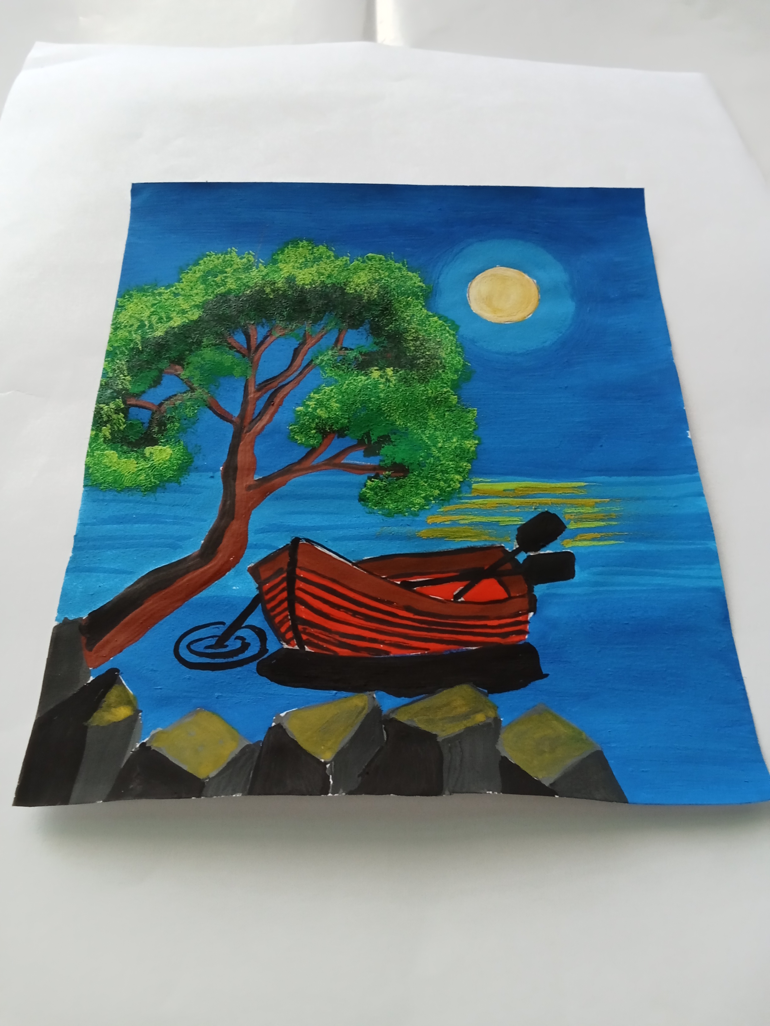 Painting Night Scenery with Boat