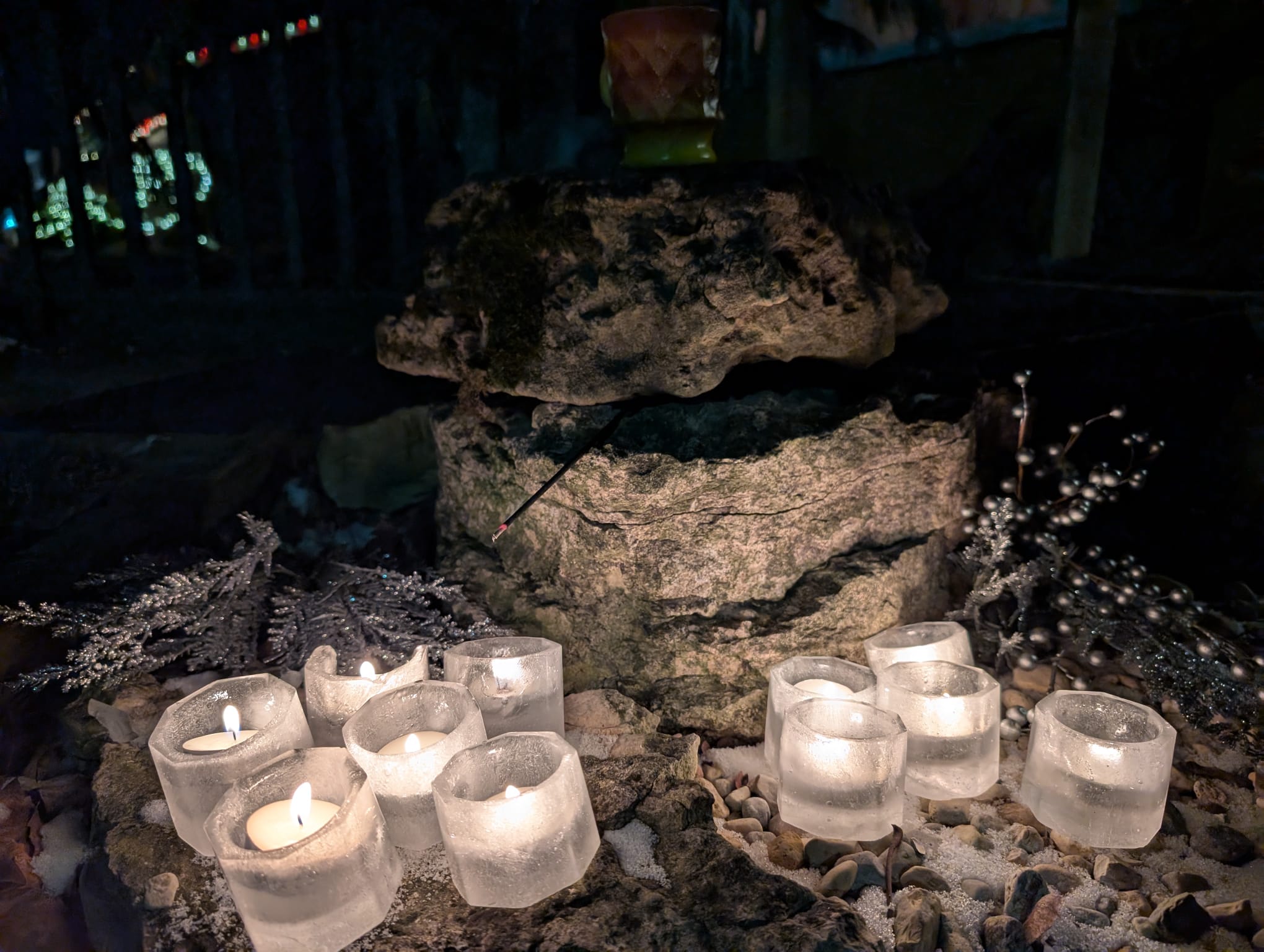 Ice candles and colored globes