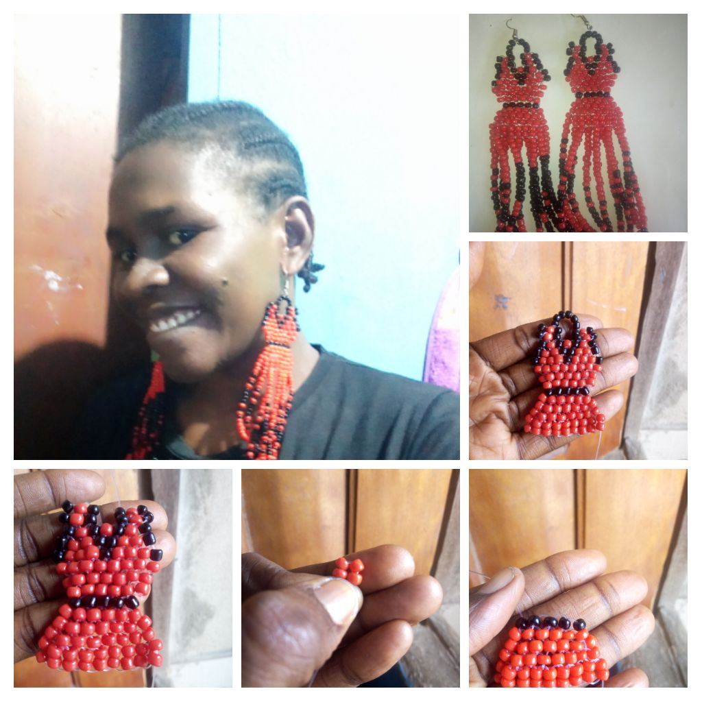 Making beaded dress earrings using red and black seed bead