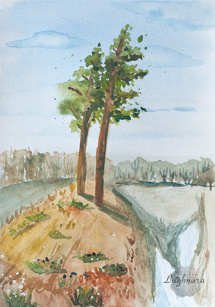 Pines and flowers (watercolor art)