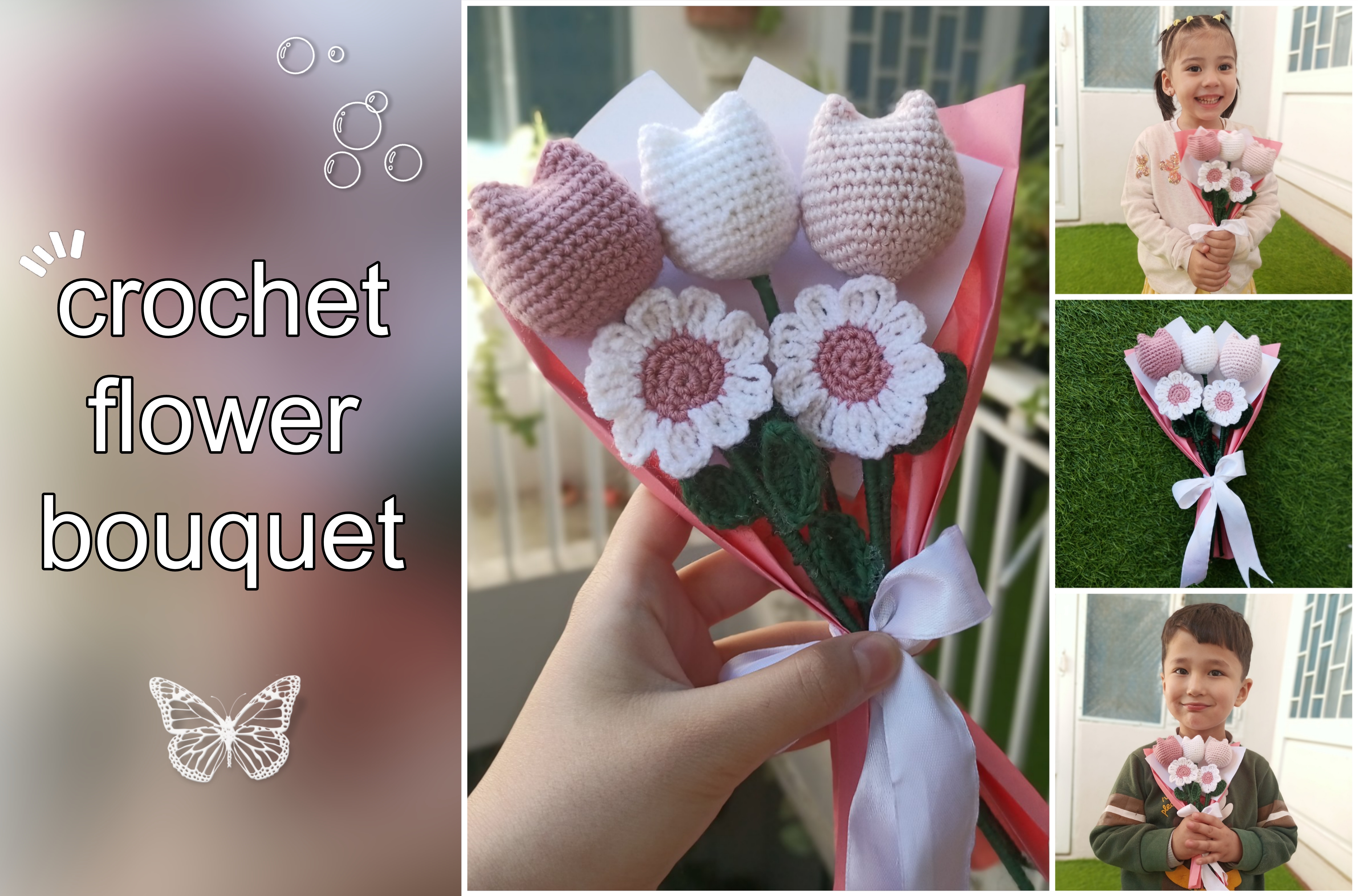 Cute Pink Crochet Flower Bouquet | Handmade Tulips & Daisies Tutorial