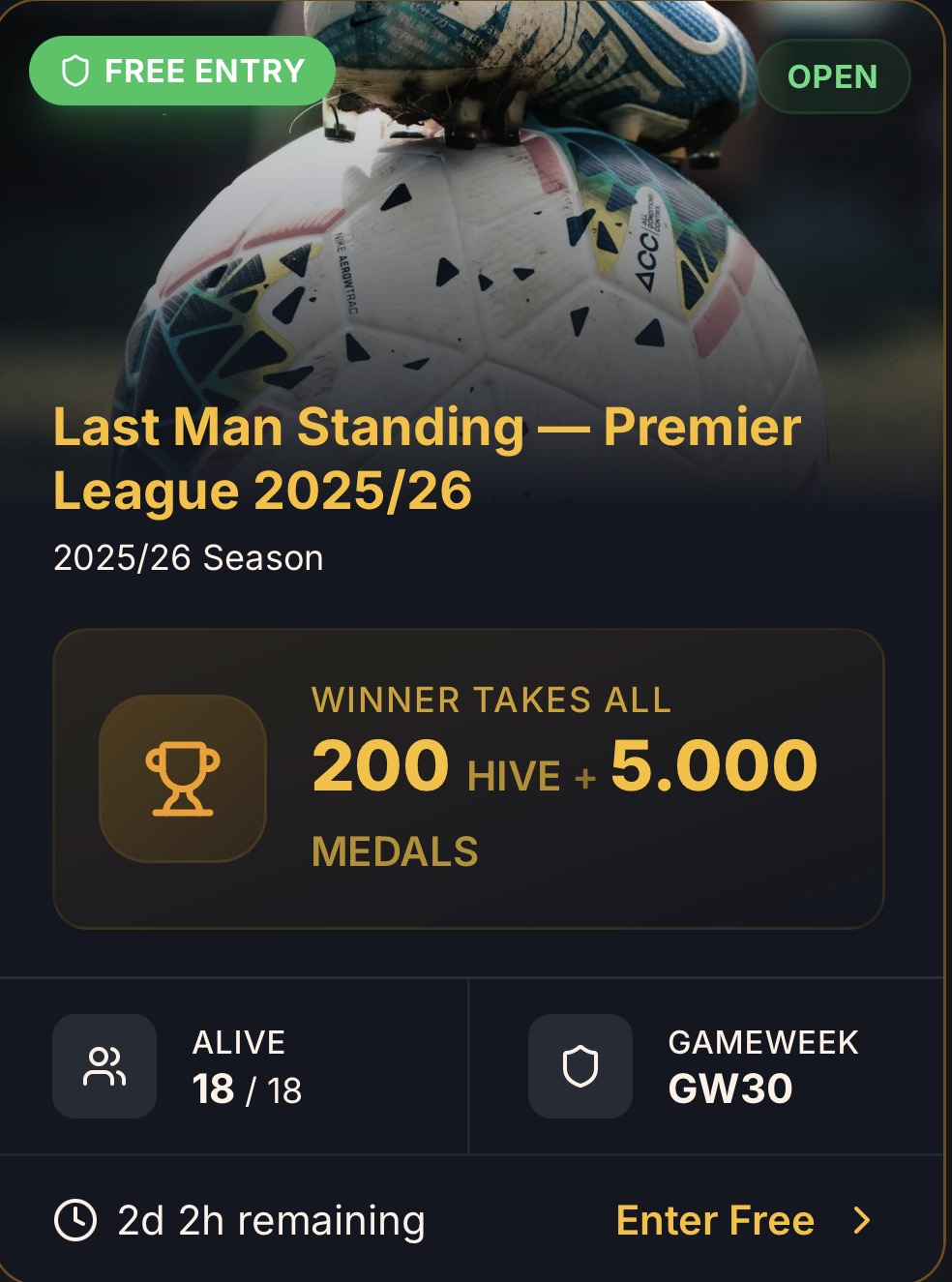 Win Hive & Medals: Can You Survive the Premier League "Last Man Standing"?