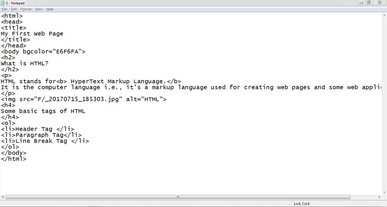 HTML Code in Notepad editor