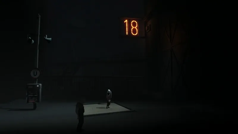 The child stands on a white panel next to a tall headless figure. Above, an illuminated sign reads "18"