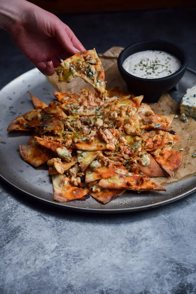 Buffalo Chicken Blue Cheese Pita Nachos with Greek Yogurt Ranch,.jpg