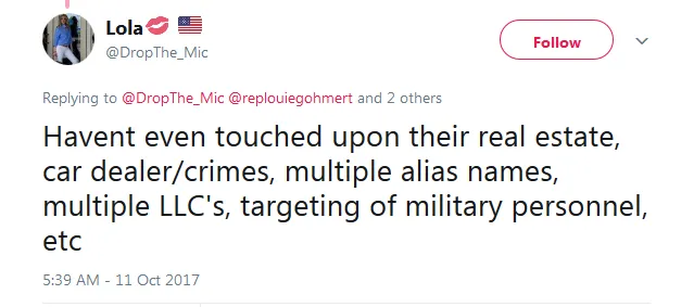 Lola💋 🇺🇸 on Twitter replouiegohmert RepDeSantis Jim_Jordan Havent even touched upon their real estate car dealer crimes multiple alias names multiple LLC s targeting of military personnel etc .png