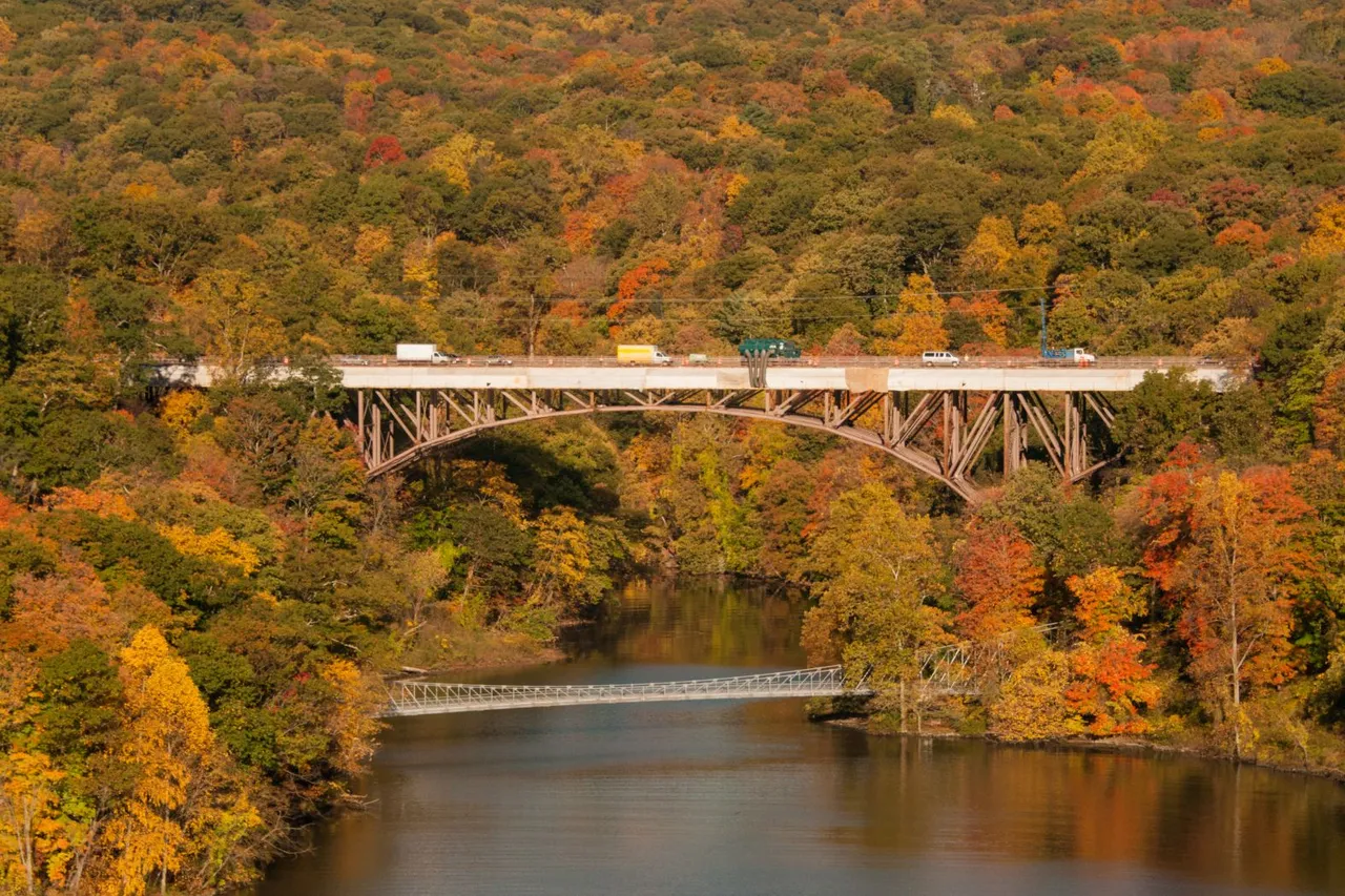 9W bridge from Bear Mountain Bridge Popolopen_Creek_9W_bridge_and_footbridge Juliancolton public domain.jpg