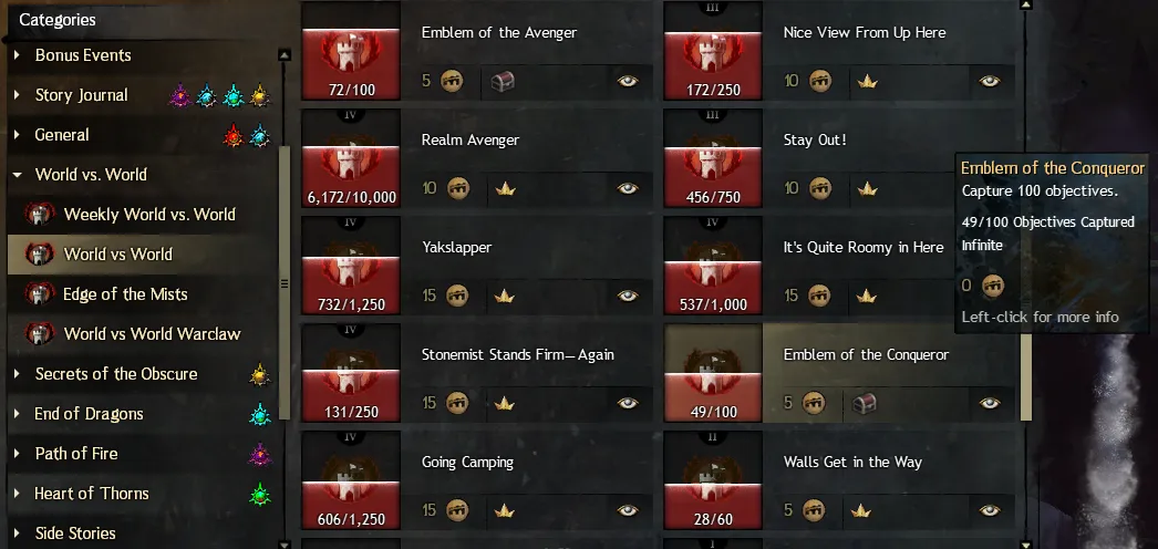 Acheivements screen in Guild Wars 2