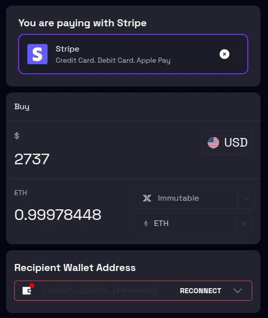 Buying ETH with fiat directly into Immutable L2 via LootRush