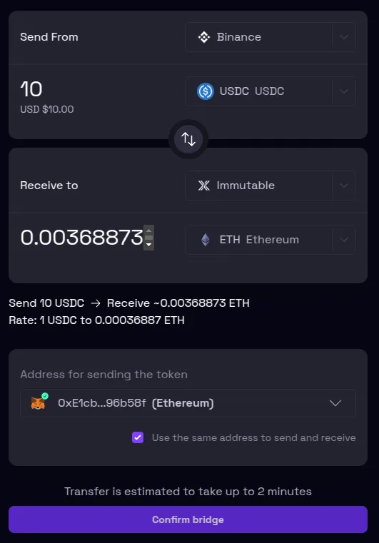 Bridging USDC from Binance to ETH in L2 via https://www.lootrush.com/tokens/swap