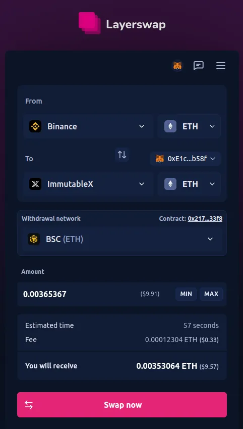 Binance -> L2 setup at https://layerswap.io/app