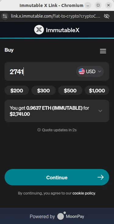 Window pop-up for Moonpay crypto purchases