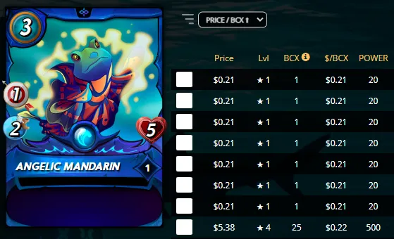 You can grab a 1 BCX Angelic Mandarin for $0.21 (308 DEC) from the Marketplace