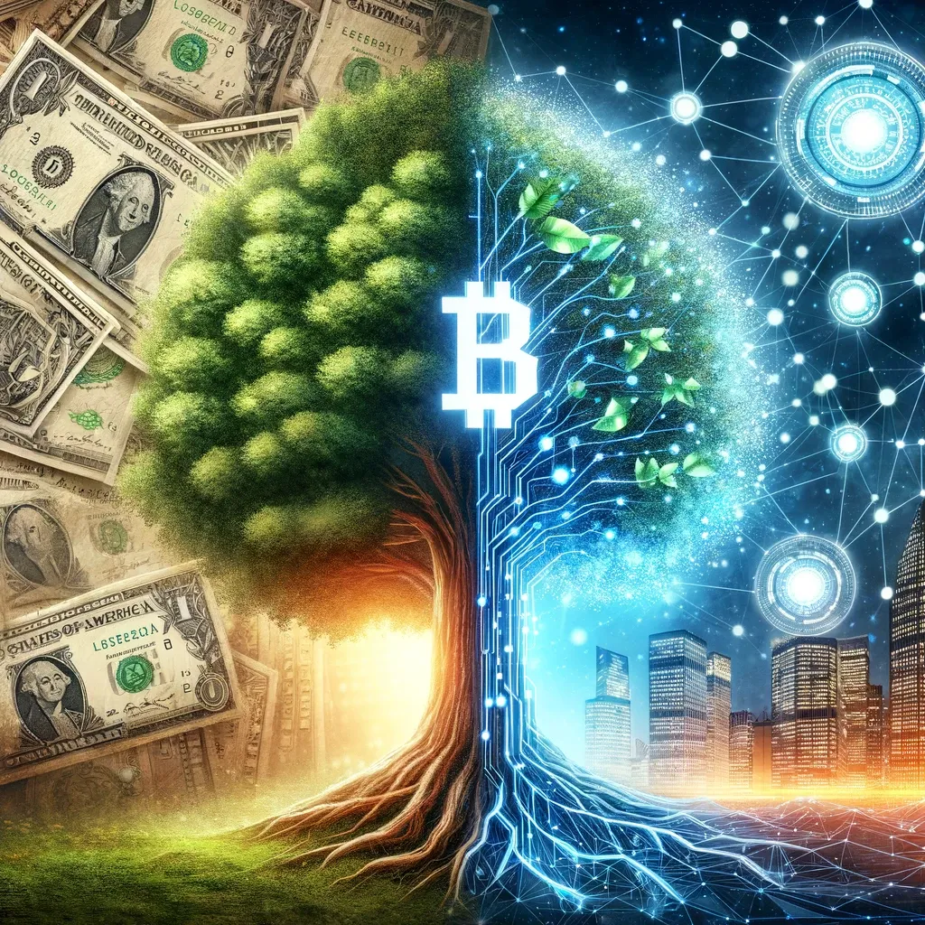 DALL·E 2023-12-04 12.47.44 - A conceptual artwork symbolizing the contrast between traditional fiat currency and blockchain technology. On one side, a large, robust tree with leav.png