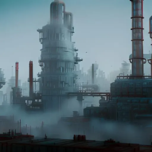 Smoke slowly rising from a futuristic industrial site with hints of life and hope