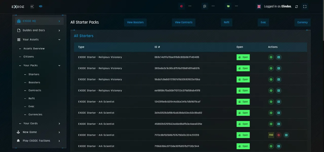 Specific sections display all your packs and their Open button.