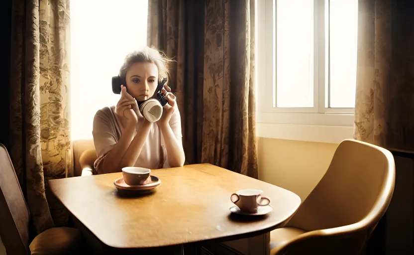 a beautiful  sad brown haired woman sits in a london flat at a table. the table has an old style rotary telephone and two cu 1810314893.png