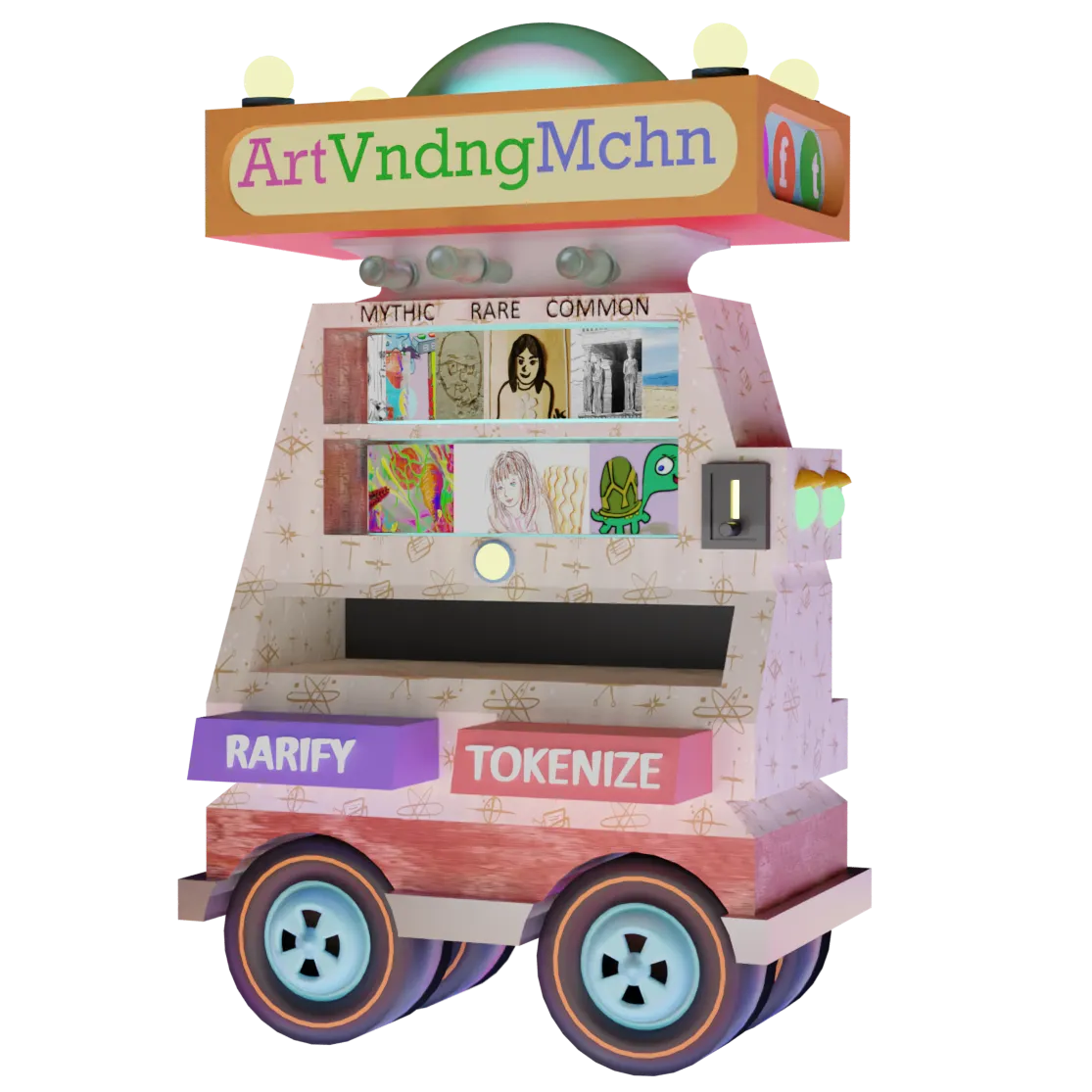 ArtVndngMchn on Wheels by Joe Chiappetta and Fabi Yamada is rare digital art available on AtomicHub https://wax.atomichub.io/explorer/template/artvndngmchn/126448