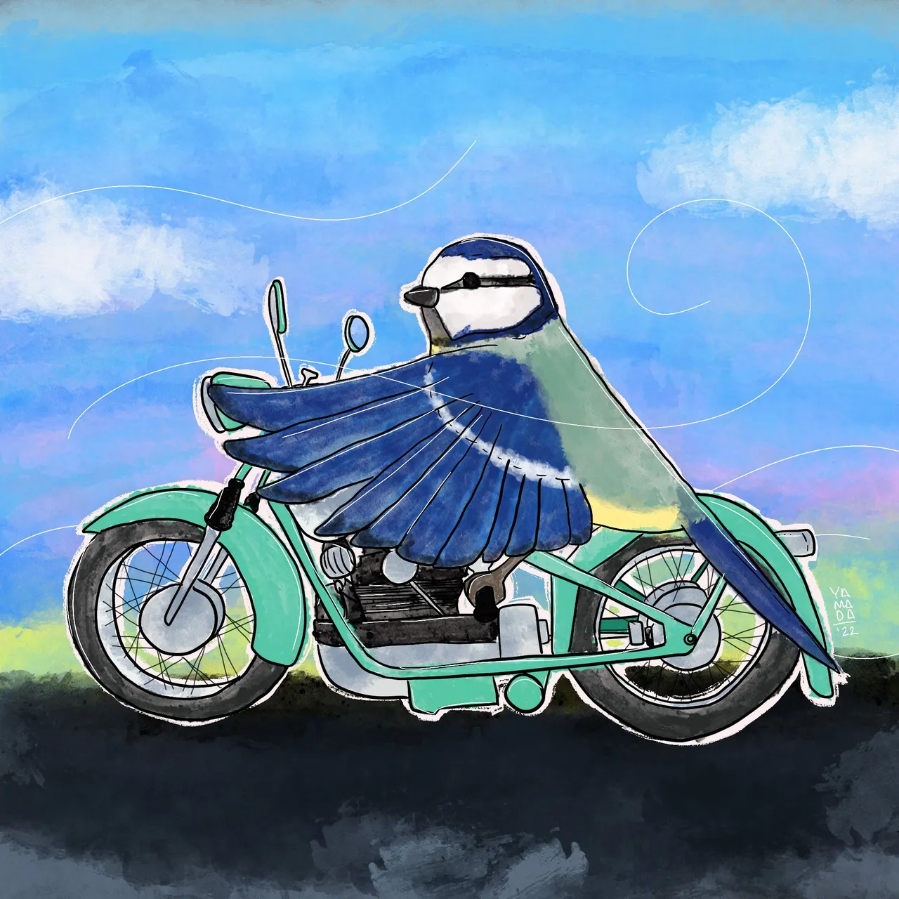 Mésange Bleue on Motorcycle is rare digital art by Fabi Yamada available in select ArtVndngMchn Series 3 packs https://neftyblocks.com/c/artvndngmchn/drops/101389