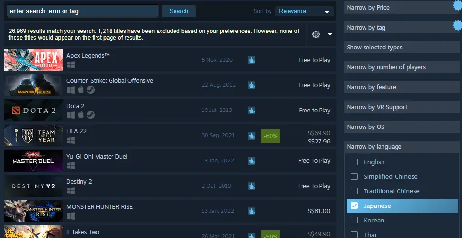 Steam game search via language support