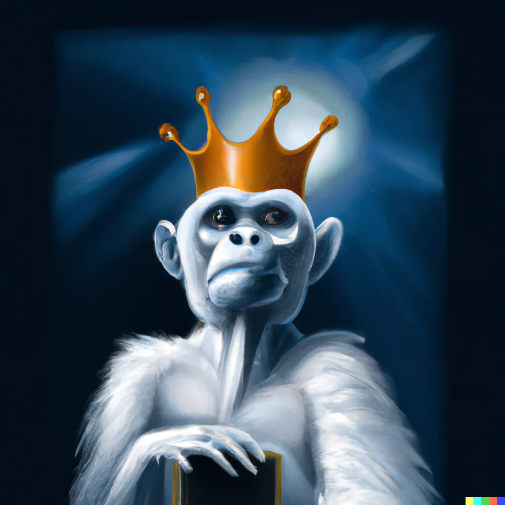 DALL·E 2022-12-24 09.34.32 - surrealism trending on artstation, portrait of a white ape wearing a crown.png