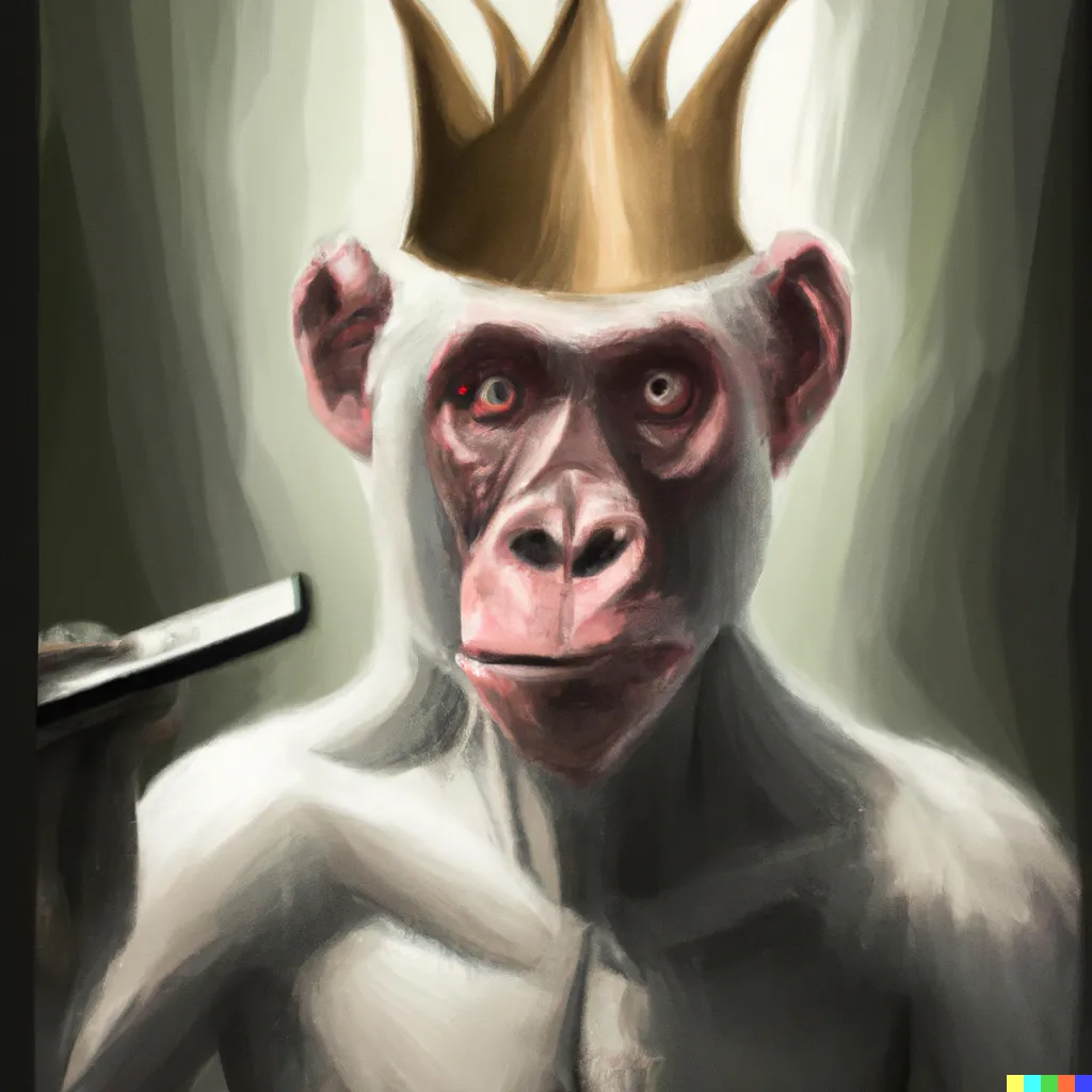 DALL·E 2022-12-24 09.34.35 - surrealism trending on artstation, portrait of a white ape wearing a crown.png