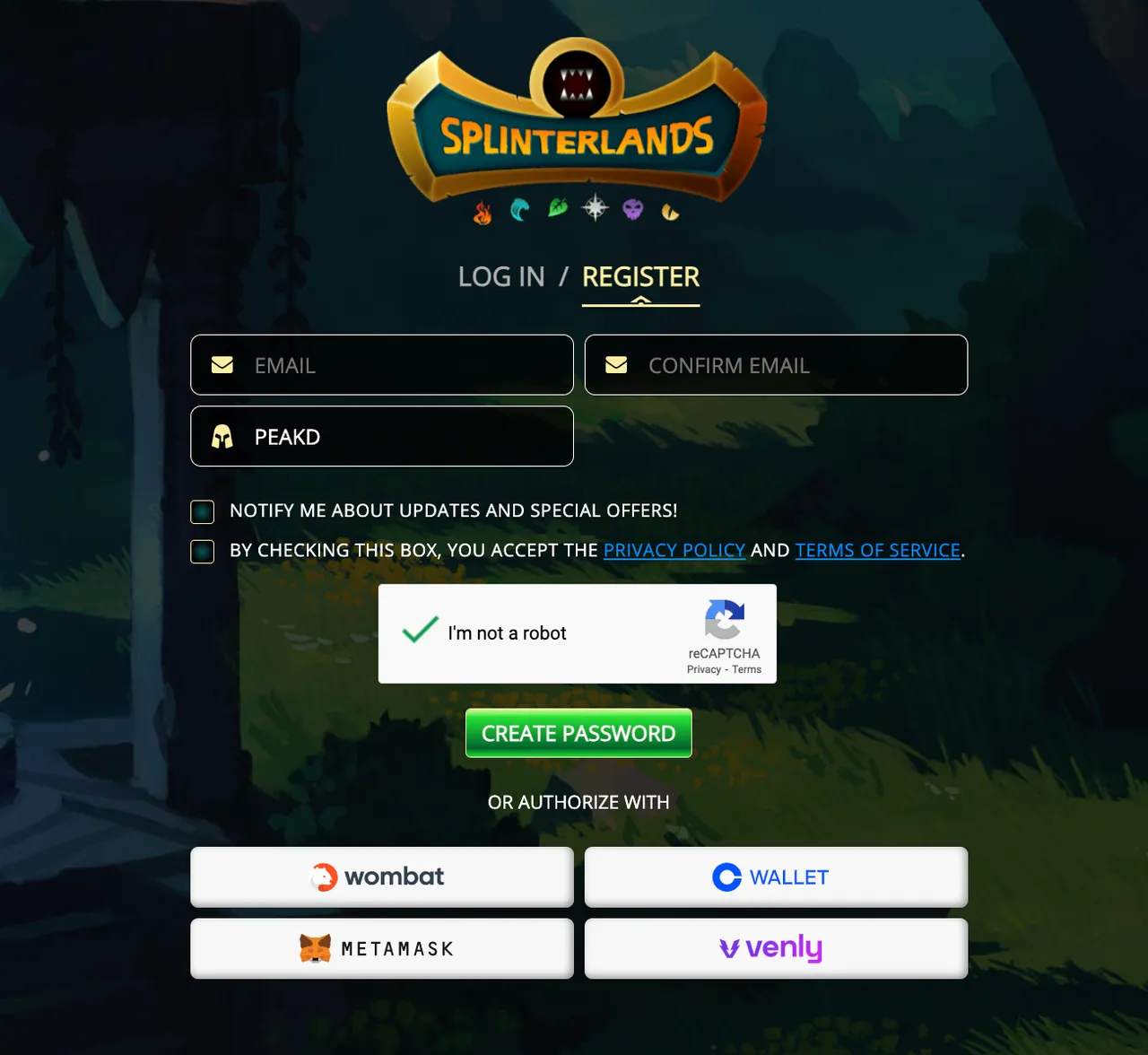 Splinterlands sign up account option