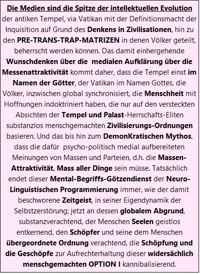 Was unter OPTION I Medien mit der Massenattraktivität als Mass aller Dingen wirklich bewirken, sagt Dir im Namen der Meinungsfreiheit kaum Jemand...