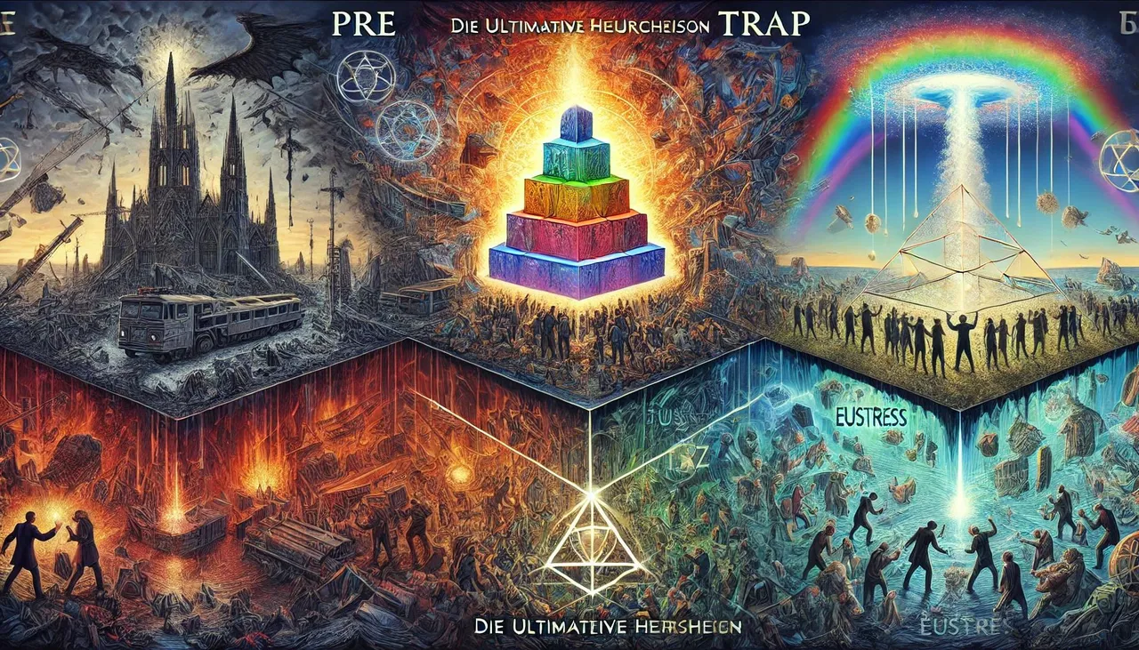 Unten (PRE): Chaotische, destruktive Landschaft mit den „8 Irrtümern der Wissenschaft“. Mitte (TRAP): Menschen in Verwirrung und Manipulation, mit dem Damoklesschwert der 58.3%-Dynamik über ihnen. Oben (TRANS): Lichtdurchflutete Harmonie, wo Menschen in Synergie (PA-TZ) zusammenarbeiten, um Eustress zu erreichen.