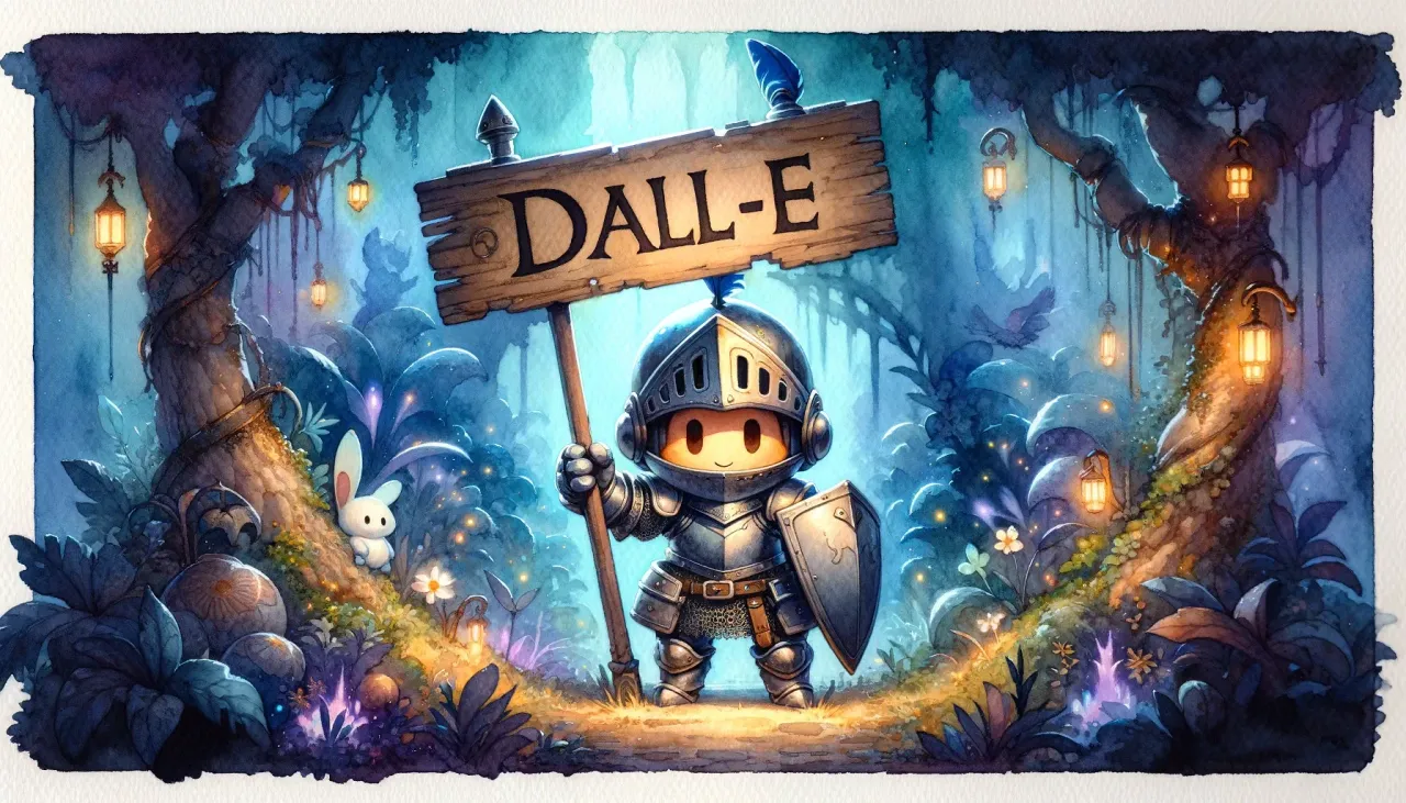 DALL·E 2024-02-13 10.41.05 - A wide ratio watercolor painting of a cute knight holding a sign saying 'DALL-E' in a fantasy enchanted forest. The knight is depicted in a charming,.webp