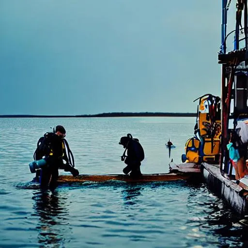 Stable diffusion: "divers onboarding a boat at full moon"