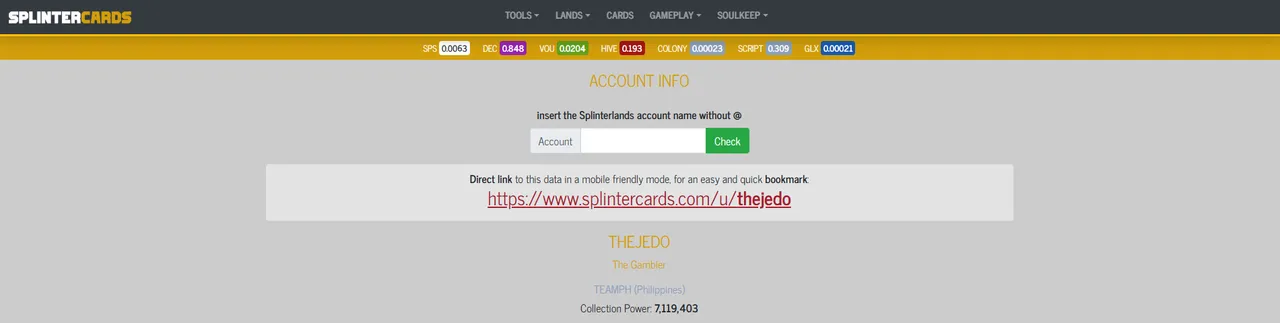 Screenshot from splintercards.com