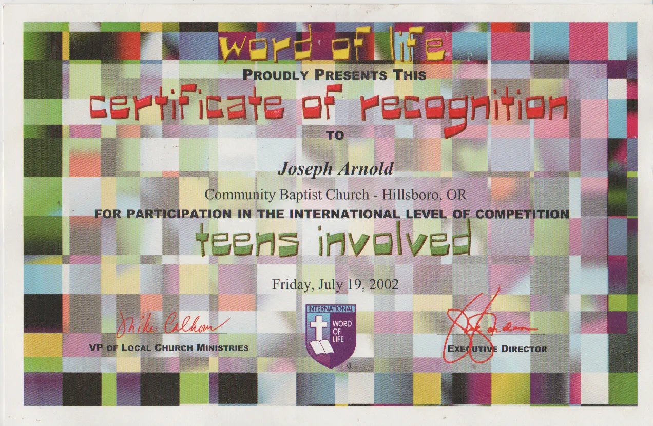 2002-07-19 - Friday - WCC - WOL TI - Certificate of Recognition, no money rewarded, Joseph Arnold, 1pic.png
