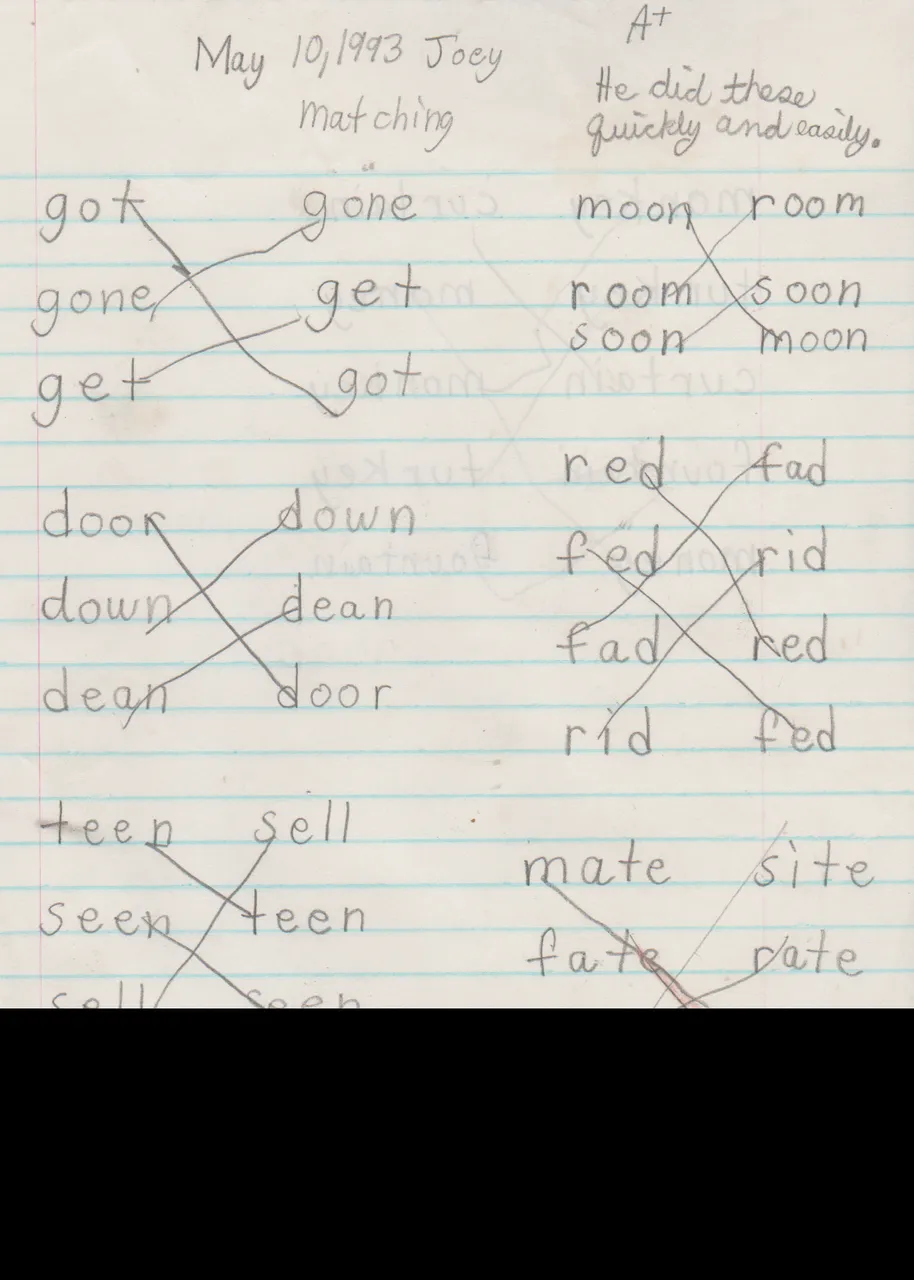 1993-05-10 - Monday - Word Matching - Age 8 - A+ Score - Joey - He did these quickly and easily-1.png