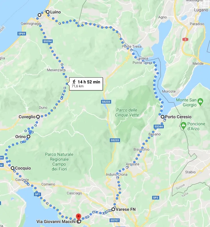 Trajet entre les villes de Varese, Luino, Ponte Tresa et Porto Ceresio sur environs 72 km avec 525 mètres de dénivelé positif