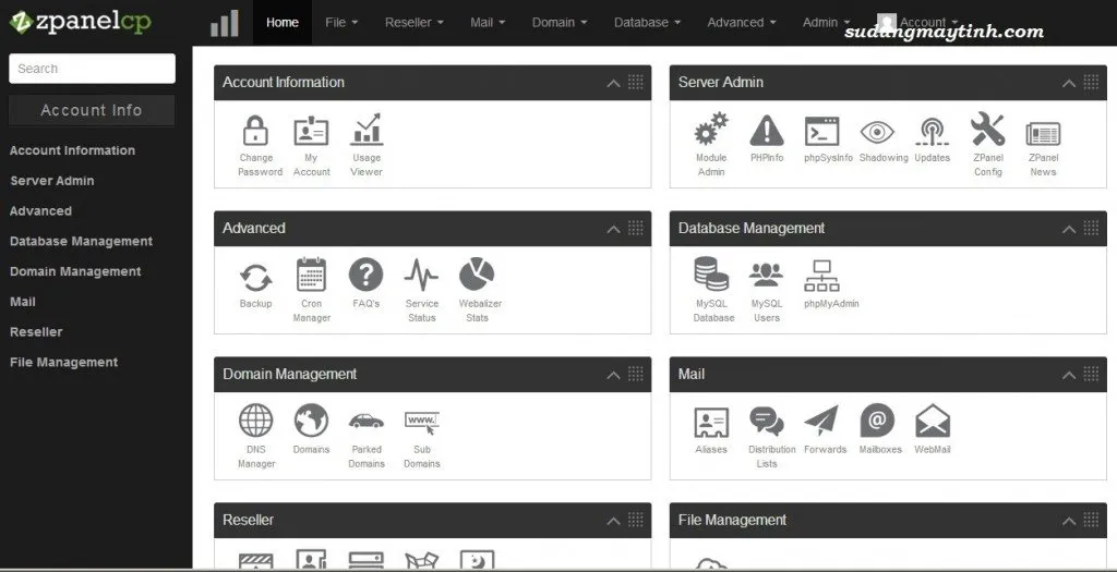 màn hình quản lý host của Zpanel