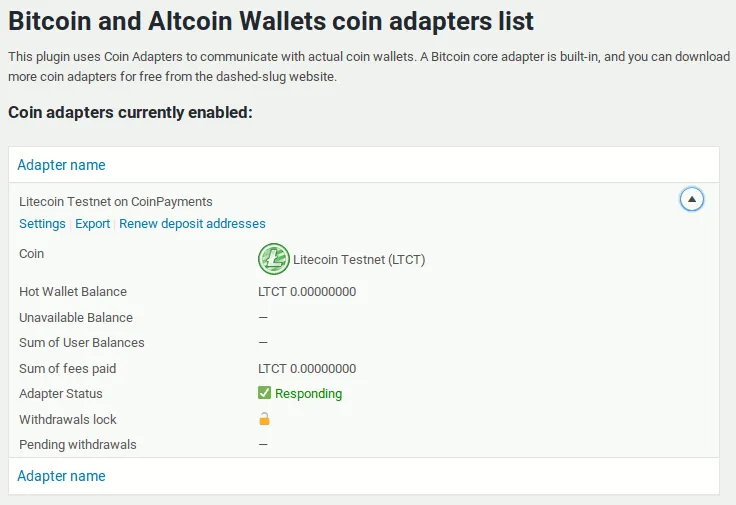 CoinPayments Litecoin testnet adapter in adapters list