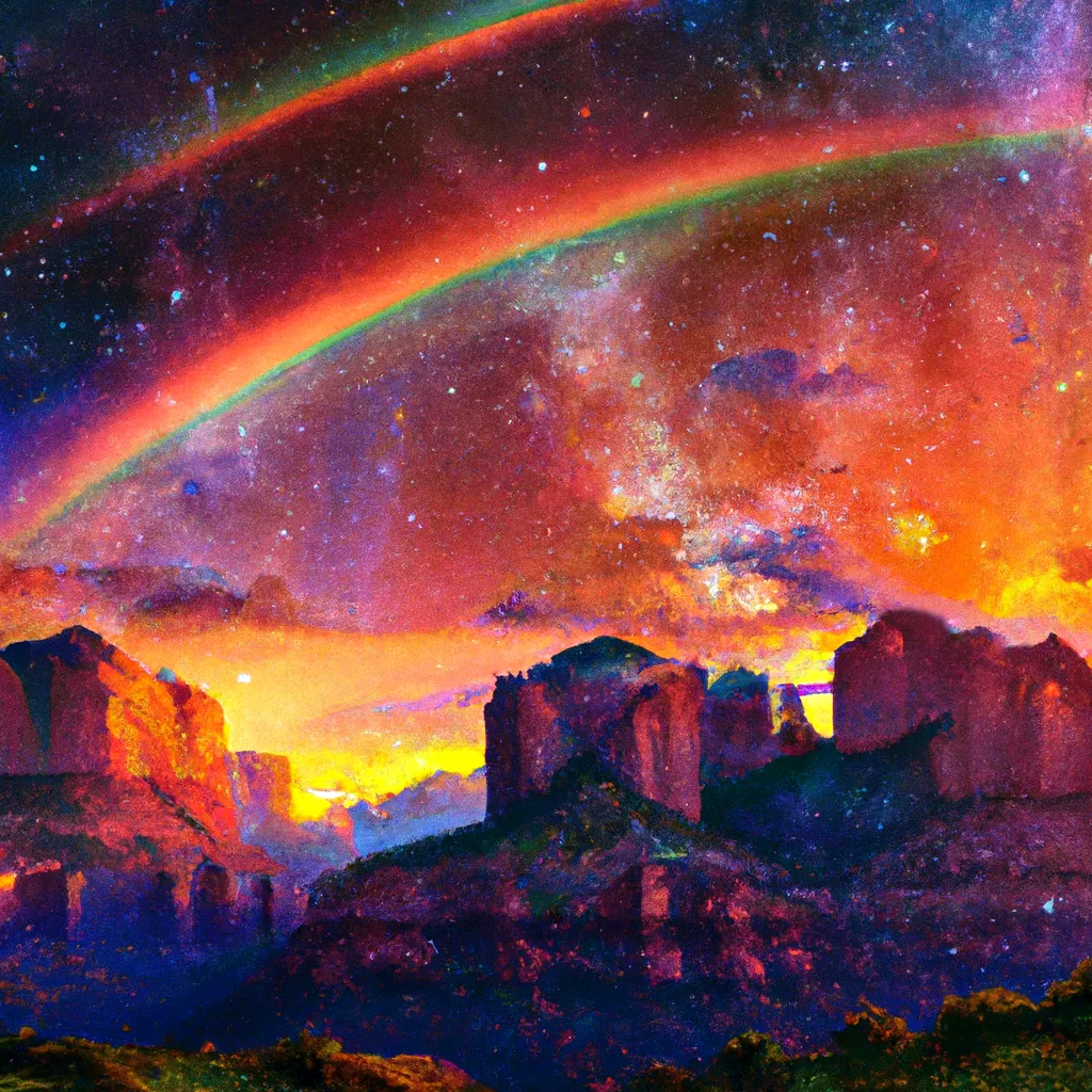 DALL·E 2022-10-01 21.24.29 - A beautiful painting of Sedona, rainbow, sunset, iridescent clouds, northern lights, the Milky Way, incredible, realistic style, artistic, wild colors.png