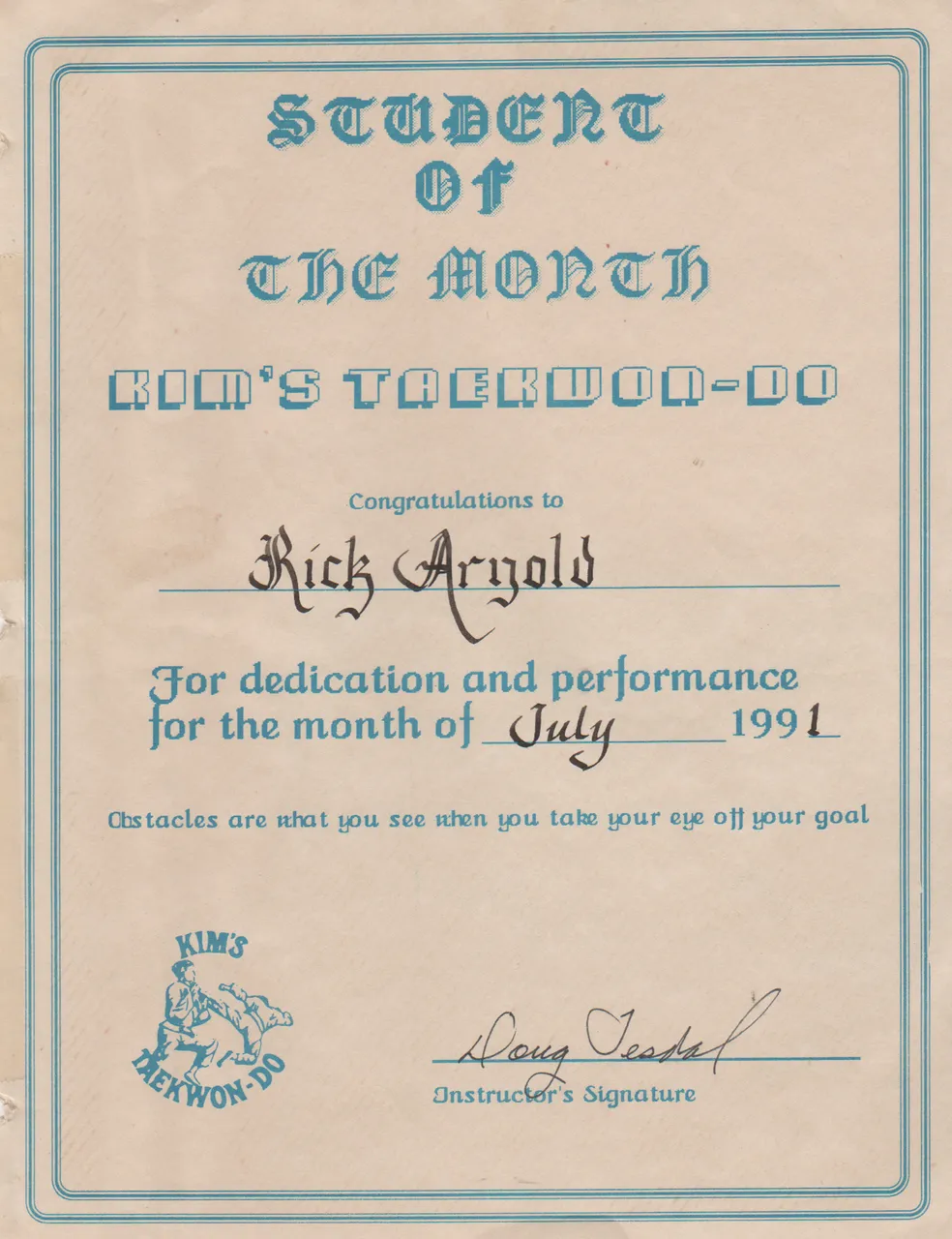 1991-07 - Rick Arnold, Student of the Month, Doug Teasal, Kim's Taekwon-Do.png