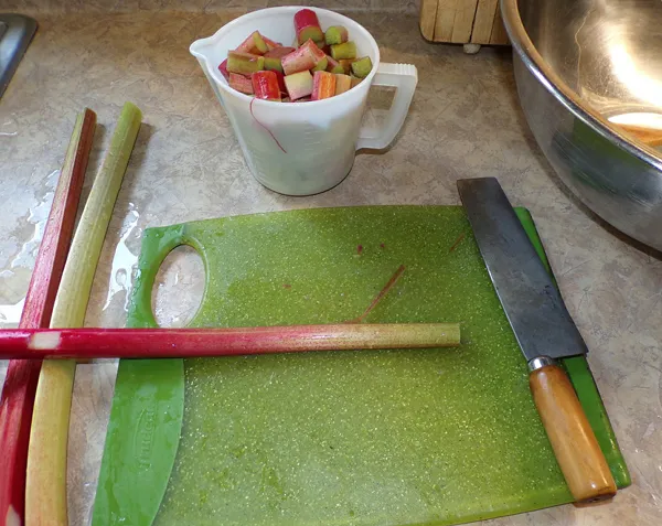 Rhubarb marmalade  chopping rhubarb quart crop June 2020.jpg