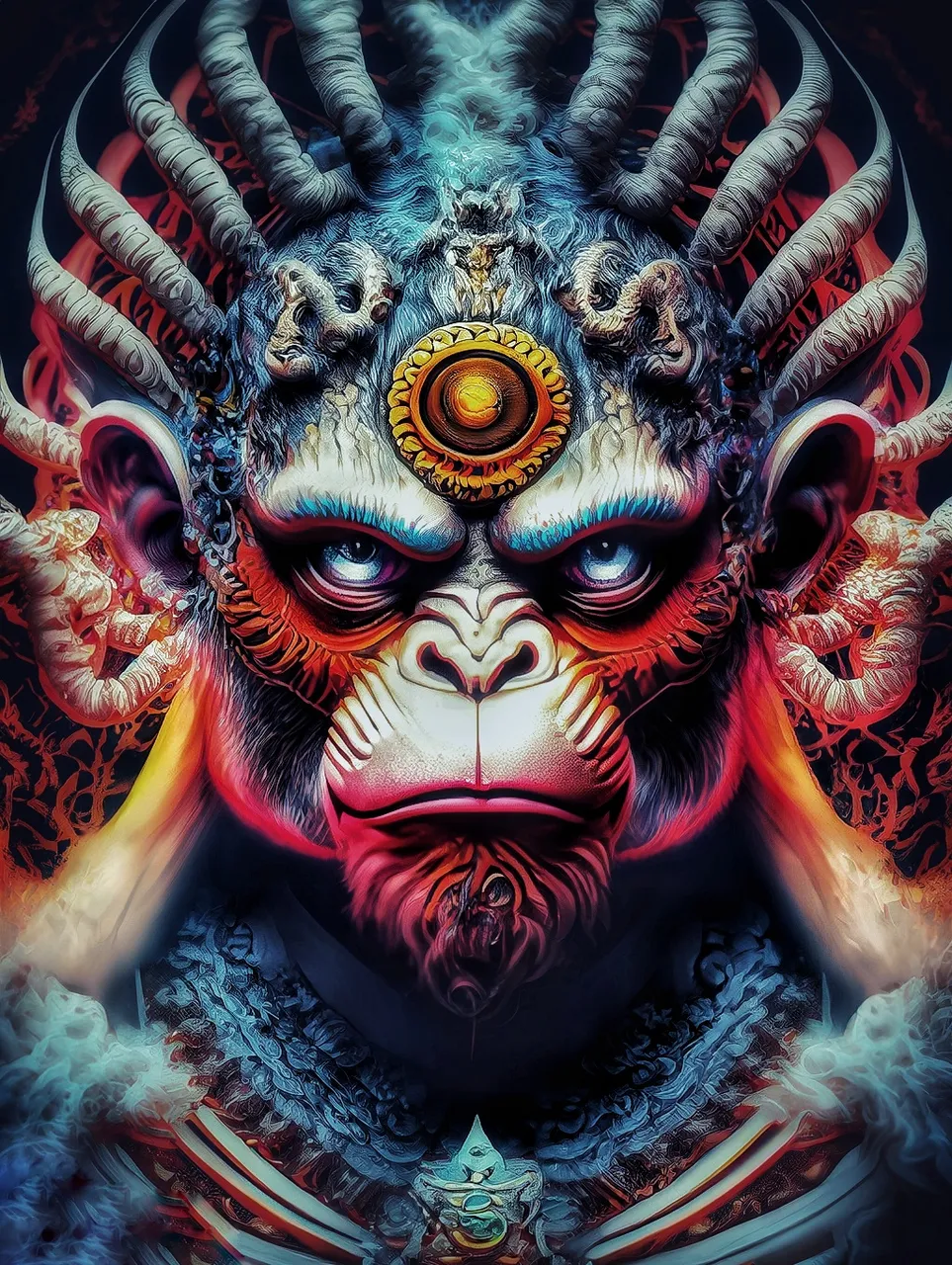 Firefly_lord+hanuman the monkey king in a negative avatar red eyes in 8k extremely detailed with dark colors and a dark atmosphere infinite intricacy fractal pattern, hyper-realistic, science_fiction_graphic,psychedelic,fantas-01.jpeg