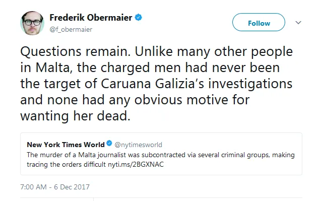 Frederik Obermaier on Twitter Questions remain. Unlike many other people in Malta the charged men had never been the target of Caruana Galizia’s investigations and none… https t.co loMp15d9zk .png
